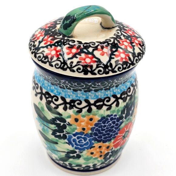 Boleslawiec Stoneware Floral Jar & Lid - Hand Painted Unikat Polish Pottery - Picture 2 of 9